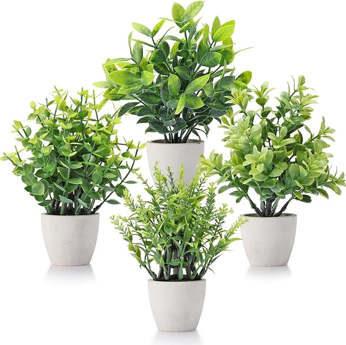 4 Pack Fake Plants Ceramic Mini Artificial Greenery Potted Plants for Home Decor Office Decor Room Decor Farmhouse Decor Indoor Table Bathroom Decor