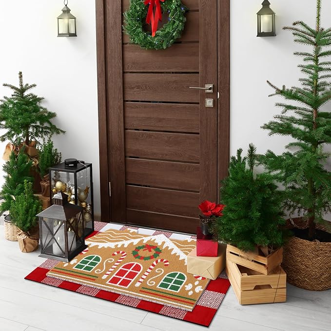 2 Pcs Christmas Door Mat Gingerbread House Welcome Non Slip Coir Mats Merry Xmas Red White Buffalo Plaid Floor Layering Doormats Seasonal for Front Porch Entryway Decor(Gingerbread House)