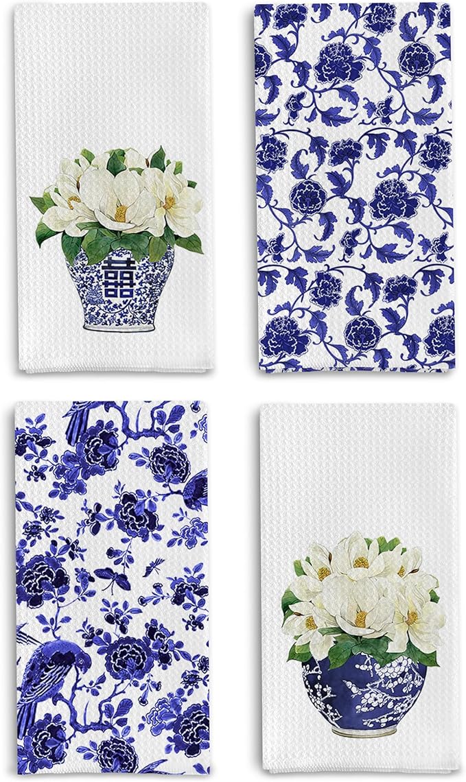 Blue and White Porcelain Chinoiserie Kitchen Towels Set of 4 - Chinoiserie Decor Dish Towels for Kitchen, Blue and White Decorative Hand Towels for Bathroom Kitchen, 16x24 Inches