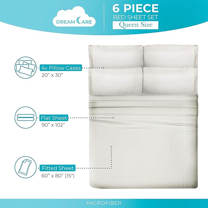 DREAMCARE Queen Sheet Set – 6 pcs Cooling Bed Sheets – up to 15” Deep Sheets Queen Size Bed Set – 2500 Supreme Collection – Extra Soft 100% Brushed Microfiber Hotel Luxury with Side Pocket – Ivory