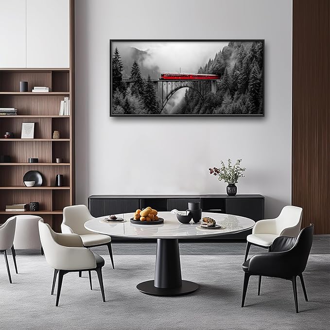 Olivine Train Large Wall Art, Black and White Pictures Wall Decor, Train Painting, Landscape Canvas Prints, Framed Artwork for Men Dining Room Living Room Bedroom Bathroom Home Decoration 60"x30"