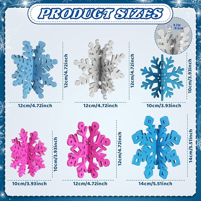 OuMuaMua 6 Sets Snowflake Christmas Table Decorations - 12pcs Blue Fuchsia Purple Sliver Wooden 3D Snowflake Decor Tabletop Centerpieces for Christmas Winter Wonderland Party Supplies Home