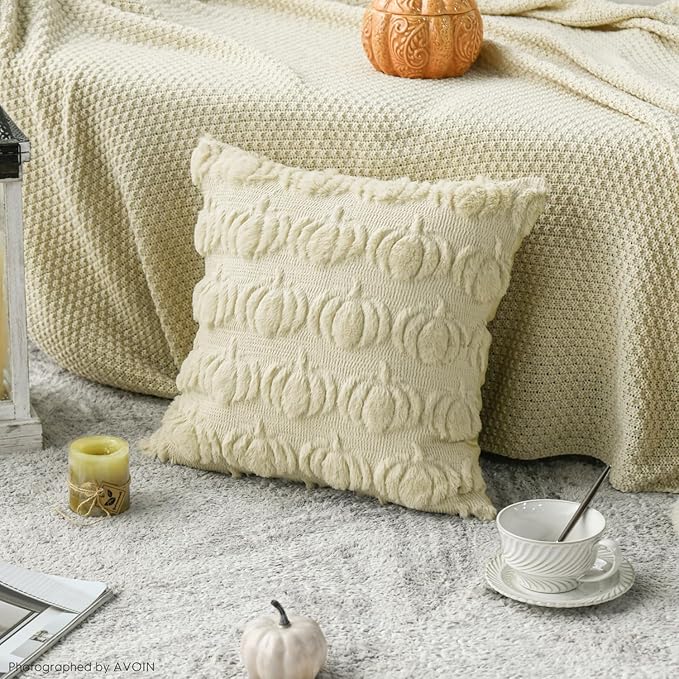 AVOIN colorlife Fall Pumpkin Beige Throw Pillow Covers, 20 x 20 Inch Seasonal Autumn Thanksgiving Harvest Decoration Soft Plush Faux Fur Jacquard Cushion Case Decoration for Sofa Couch Set of 2