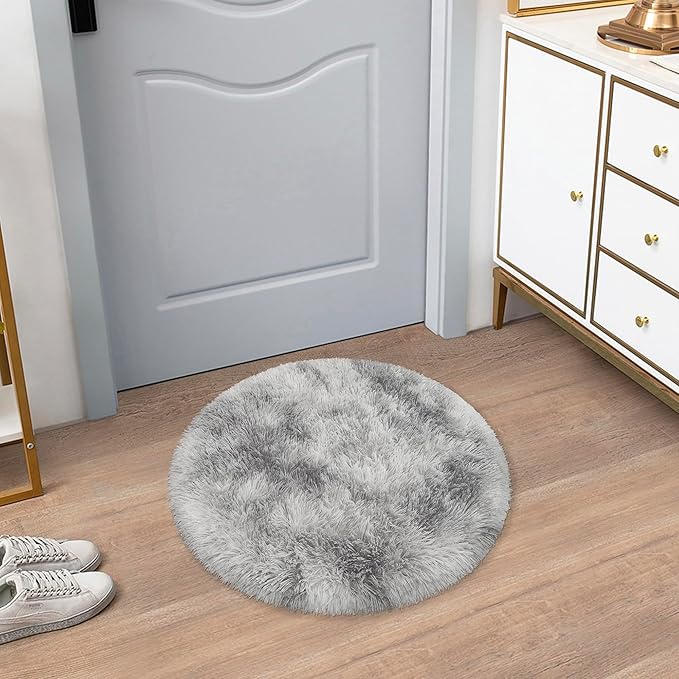 Tie Dye Grey Round Rugs Small 2x2 ft Fluffy Circle Rug Furry Carpet Shaggy Circular Fuzzy Plush Area Rug for Girls Bedroom Kids Room Nursery Cute Room Decor Chair Cushion Pet mat Doormat