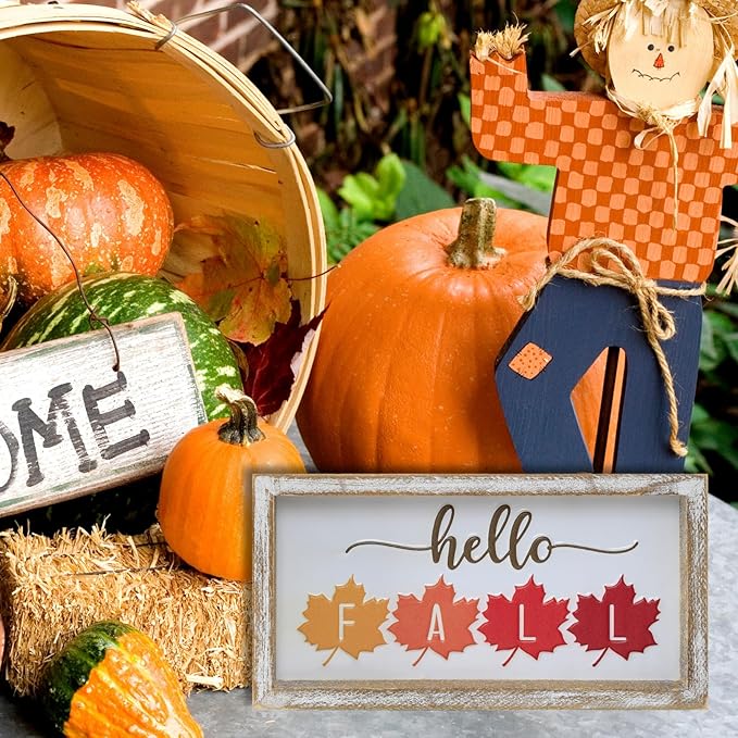 Embossed Hello Fall Sign, Farmhouse Fall Decorations for Home, Modern Autumn Home Decor Indoor, Wooden Thanksgiving Tiered Tray Decor for Table Shelf Cubicle Desk Mantel