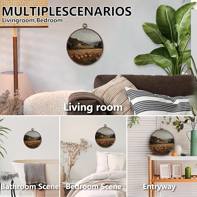 XNXLDYLH Rustic Fall Pumpkin Patch Round Framed Wall Art Decor, Farmhouse Hanging Wall Decor Decorations, Autumn Fall Landscape Canvas Prints Wall Art Pictures Paintings for Living Room, 10x10 Inches