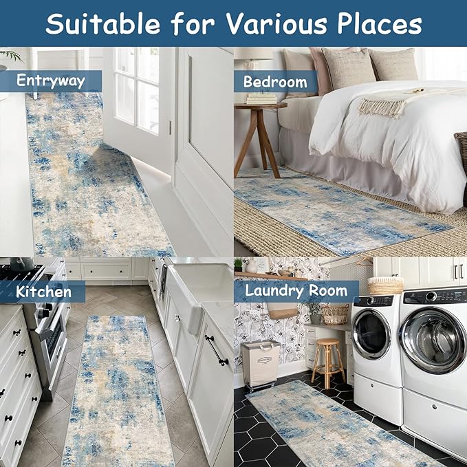 Lahome Modern Abstract Rug Runners for Hallways Non Slip, 2x7 Carpet Runner Rug for Kitchen Non Skid Washable, Soft Floor Mat for Bathroom Bedside Entrance RV, Blue/Yellow/Ivory