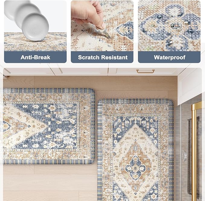KIMODE Anti Fatigue Kitchen Mats for Floor, Boho Kitchen Rugs Sets of 2, Non Slip Waterproof Kitchen Floor Mat, Ergonomic Cushioned Standing Mat for Sink Laundry Desk Blue Glod 20"x59"+20"x32"
