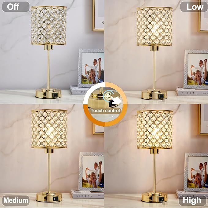Crystal Touch Control Table Lamp with USB-C+A Charging Ports 3-Way Dimmable Nightstand Lamp Set of 2 Crystal Decorative Bedside Lamps with Gold Elegant Shade for Bedroom Living Room, Bulbs Included