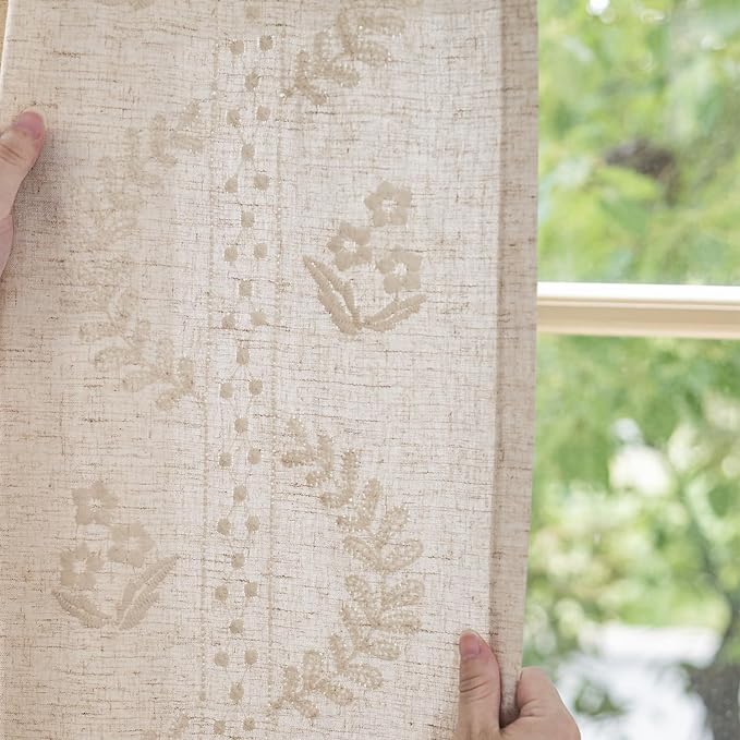 jinchan Belrose Linen Curtains for Bedroom Floral Curtains 72 Inch Length Linen Blend Ivory Embroidered Drapes Farmhouse Flower Patterned Drapes for Living Room Window Treatments Set 2 Panels