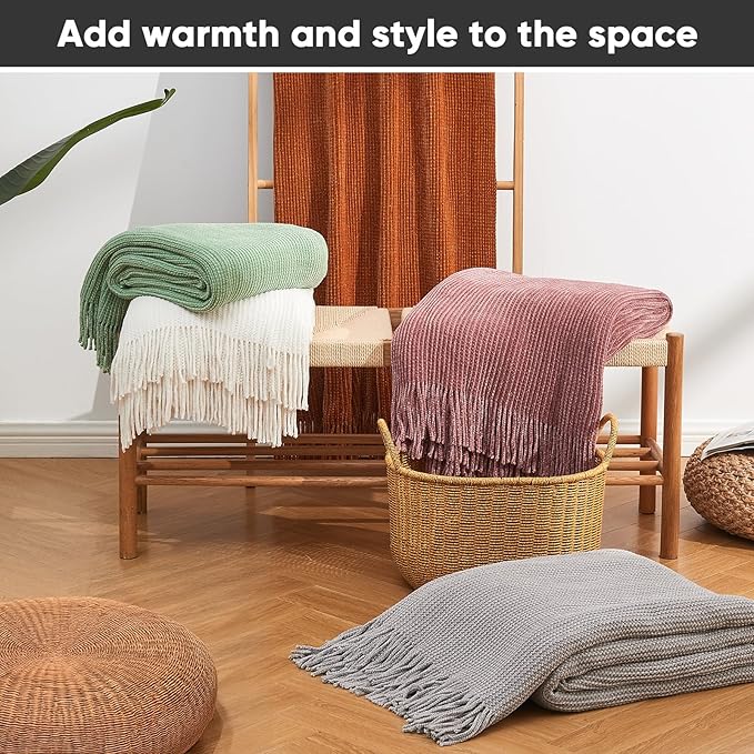 inhand Knitted Throw Blanket for Couch Bed,Chunky Chenille Woven Soft Blankets with Tassels, Cozy Boho Farmhouse Fall Winter Decor,Warm for Women,60"x80",Extra Thick-Off White