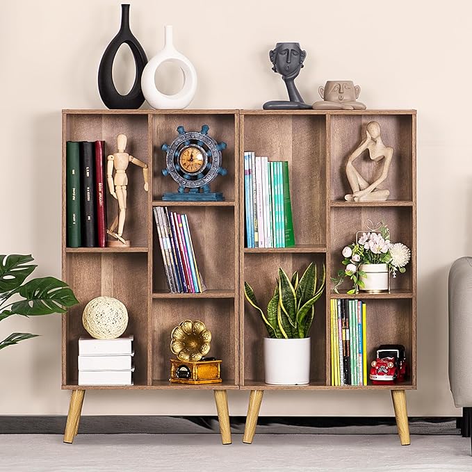 LEYAOYAO 5 Cube Small Bookshelf,3 Tier Mid-Century Bookcase with Legs,Wood Kids Bookshelves Storage Organizer Shelf,Free Standing Narrow Book Shelves,Oak Grey Corner Bookcases for Bedroom,Living Room