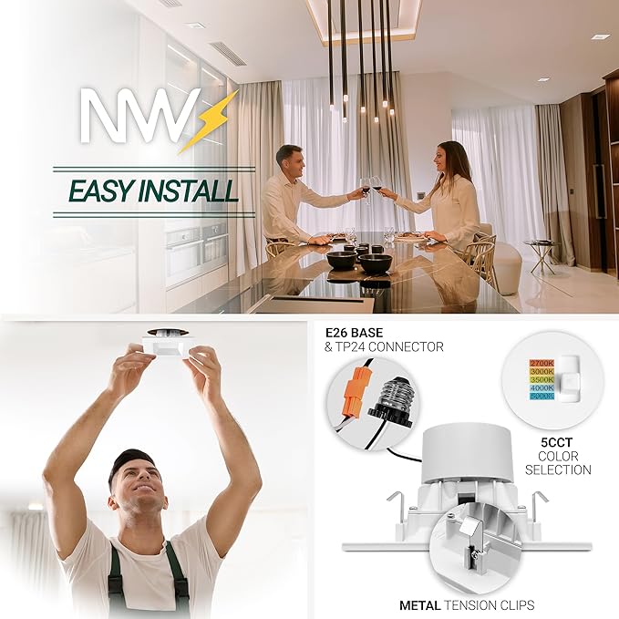 NUWATT 12 Pack, 4 Inch Square Can Light, 4" Square Retrofit LED Recessed Lighting, 5CCT Selectable 2700K/3000K/3500K/4000K/5000K, 750 Lumens, 11W, Dimmable Ceiling Light, Wet Rated Downlight, ETL