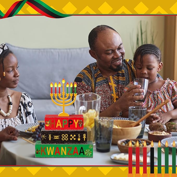 Geelin 4 Pcs Kwanzaa Wooden Table Centerpiece Set Wooden African Heritage Tiered Tray Decor Happy Kwanzaa Home Decor for Holiday Party Supplies