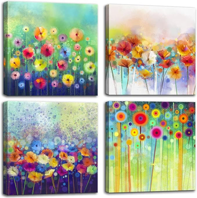 Colorful Flowers Canvas Wall Art, Floral Artwork Painting Prints ModernBathroom Pictures Framed for Living Room Bedroom Office Home Decor - 16"x16"x4 panel