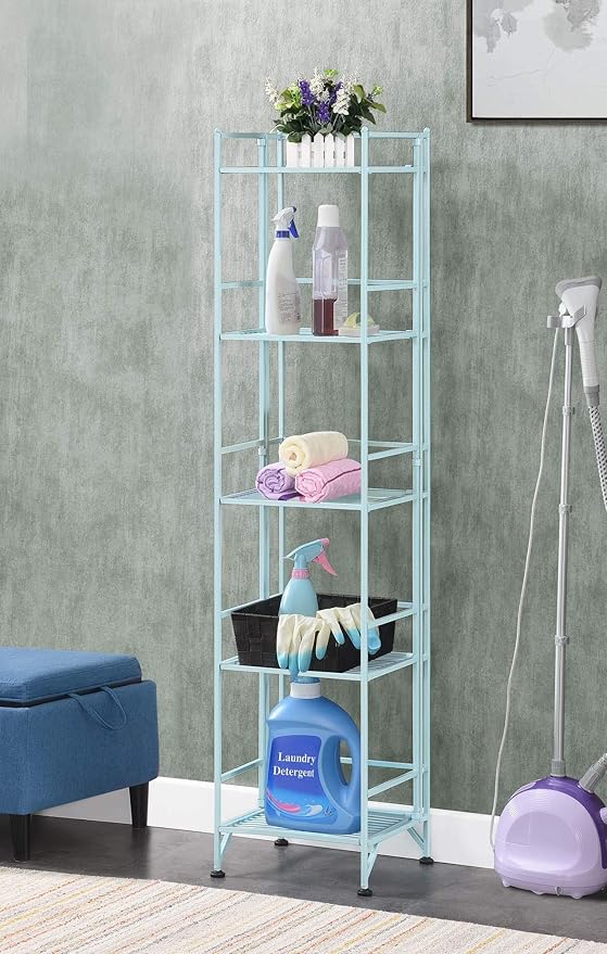 Convenience Concepts Xtra Storage Shelves - 5-Tier Folding Metal Storage Shelves, Closet Organizer for Office, Laundry Room, Bedroom, Garage, Kitchen, Bathroom, Sea Foam