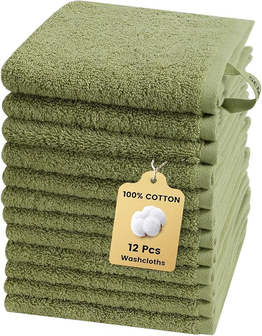 SEMAXE 100% Cotton Washcloths 12-Pack, 13 × 13 Inch Soft Luxury Face Towels – Super Absorbent & Quick-Dry, Premium Cloth with Hanging Loop, Oeko-TEX Certified, Gift-Ready Box