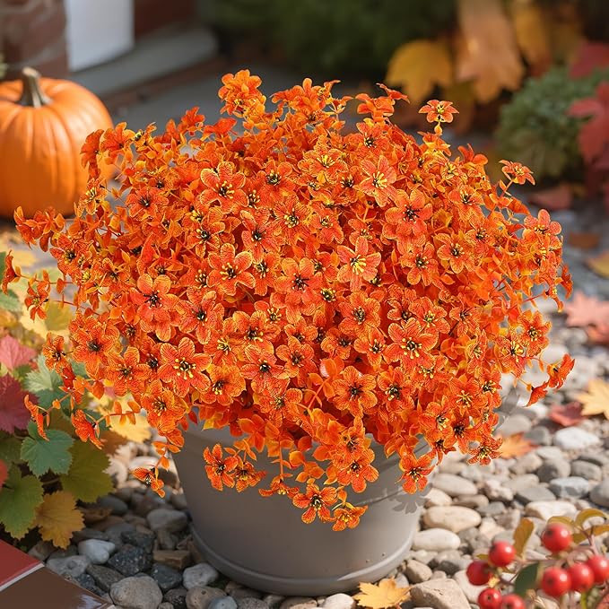SHareconn 40 Bundles Artificial Fall Flowers for Outdoors Decoration, Fake Silk Daisy Realistic Faux Plants UV Resistant for Planter Home Porch Patio Autumn Indoor Outside Decor, Sunset Red Orange
