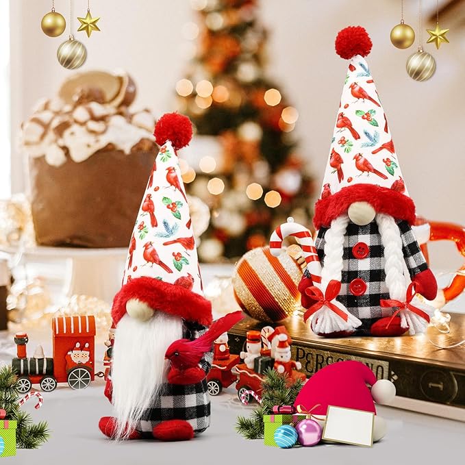 Christmas Red Cardinal Gnomes Decorations for Home, Indoor, Office- Xmas Gnomes Plush Doll - Christmas Elf Decoration Swedish Tomte- Red Cardinal Decor for Table - Gnomes Gifts for Women