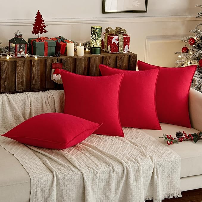 MIULEE Decorative Linen Euro Sham Pillow Covers 24x24 Red Boho Farmhouse Neutral Couch Throw Pillows for Bed Pack of 2 Accent Modern Pillowcase Sofa Livingroom Home Decor