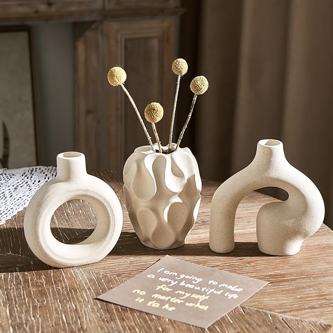 White Ceramic Vase Set of 3, Small Vases for Home Decor, Modern Boho Vase for Pampas Grass, Decorative Round White Vases Centerpieces for Coffee Table Living Room Shelf
