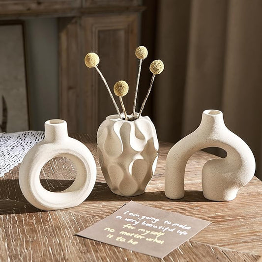 White Ceramic Vase Set of 3, Small Vases for Home Decor, Modern Boho Vase for Pampas Grass, Decorative Round White Vases Centerpieces for Coffee Table Living Room Shelf