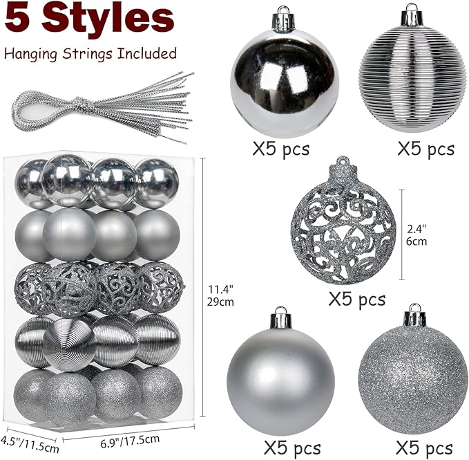 30PCS 2.36" Christmas Ball Ornaments Shatterproof Silver Christmas Tree Decorations Xmas Tree Balls Halloween Ornaments Décor