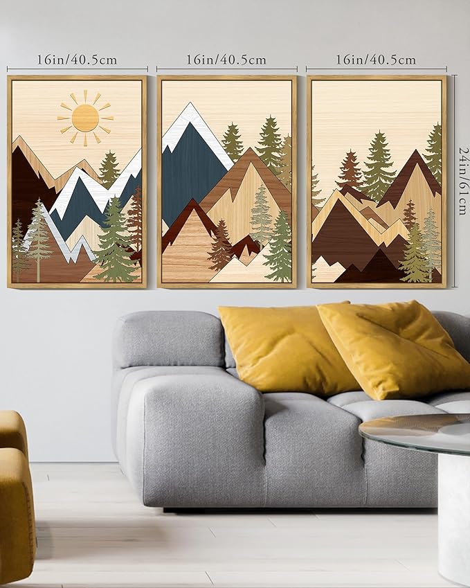 KUVIOKE Morden Mountains Pine Tree Forest Framed Wall Art Sunrise Boho Nature Landscape Artwork Bohemain Farmhouse Bedroom Living Room Decor 16x24in (Natural Framed)