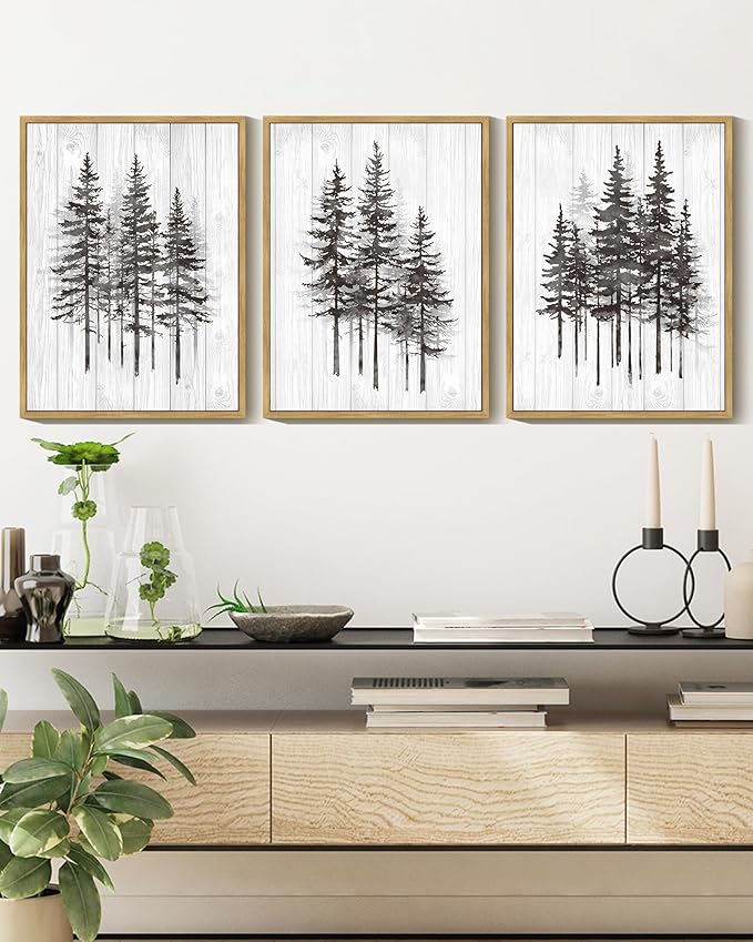 KUVIOKE Modern Pine Tree Framed Wall Decor Nature Forest Wall Decor Vintage Rustic Minimalist Paints for Farmhouse Bedroom Dining Room Decor12x16in (Natural Framed)