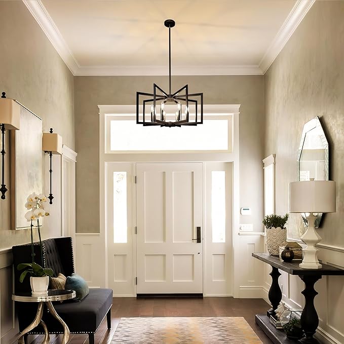 8-Light Large Black Chandelier,Dining Room Light Fixture Geometric Metal Modern Chandelier,Hanging Industrial Metal Chandelier for Kitchen Island Entryway Stairway Foyer Hallway.