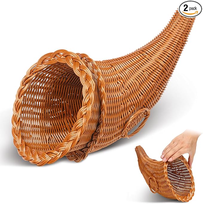 Dandat 2 Pcs Fall Cornucopia Basket 13.78 Inch Thanksgiving Horn of Plenty Autumn Table Decoration Harvest Cornucopia for Thanksgiving Table Centerpieces Fall Party Decorations