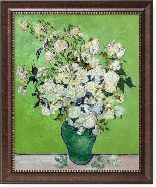 DECORARTS - Pink Roses in a Vase - Vincent Van Gogh Giclee Prints w/Antique Brown Frame for Wall Decor. Picture Size: 16x20, Total Size w/Frame: 19x23