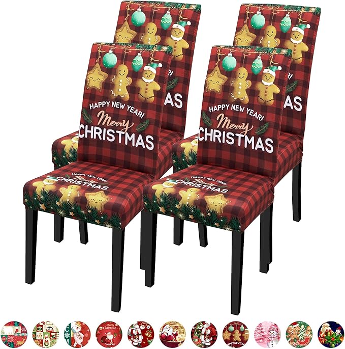 Christmas Chair Covers for Dining Chairs, Dining Room Chair Covers Set of 4, Stretch Parsons Chair Slipcovers, Removable Washable kitchen Chair Cover for Home Hotel Banquet Holiday Decoration