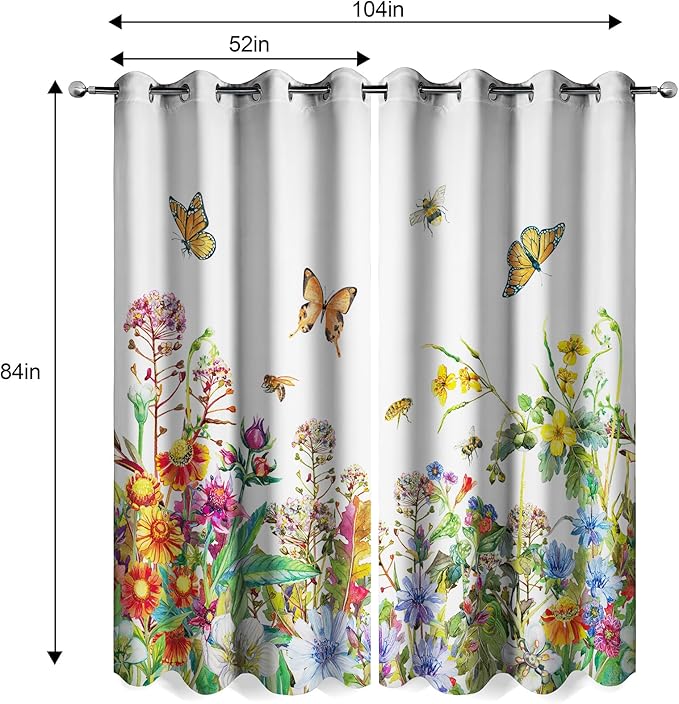 MissHope Spring Flowers Floral Blackout Curtains Colorful Wildflower Botanical Butterfly Bee Green Plant Leaves Decor for Home Bedroom Living Room Grommet Window Drapes 2 Panels, 52x84 Inch