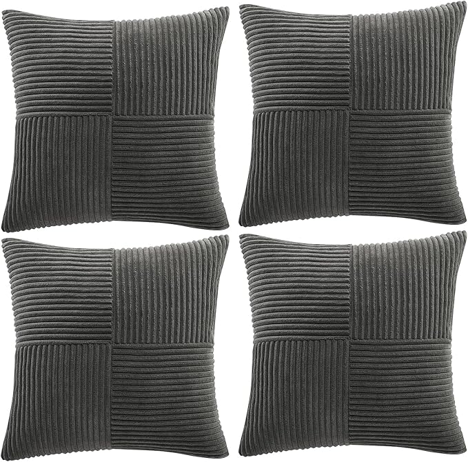 Fancy Homi 4 Packs Dark Gray Decorative Throw Pillow Covers 20x20 Inch for Living Room Couch Bed Sofa, Farmhouse Boho Home Decor, Soft Cross Corduroy Patchwork Accent Square Cushion Case 50x50 cm