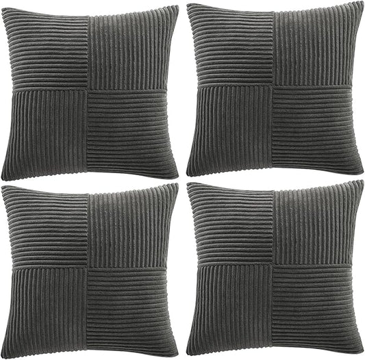 Fancy Homi 4 Packs Dark Gray Decorative Throw Pillow Covers 20x20 Inch for Living Room Couch Bed Sofa, Farmhouse Boho Home Decor, Soft Cross Corduroy Patchwork Accent Square Cushion Case 50x50 cm
