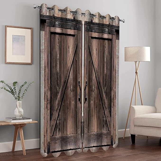MissHope Rustic Wooden Barn Door Blackout Curtains Vintage Brown Wood Door Farmhouse Country Decor for Home Bedroom Living Room Grommet Window Drapes 2 Panels, 42x63 Inch