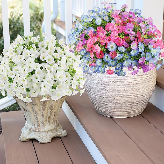 12PCS Artificial Flowers for Outdoor Decorations, Realistic Faux Silk Petunia Flowers for Outside, Fake Plants Morning Glory with Eucalyptus Porch Patio Planters Window Boxes Decor