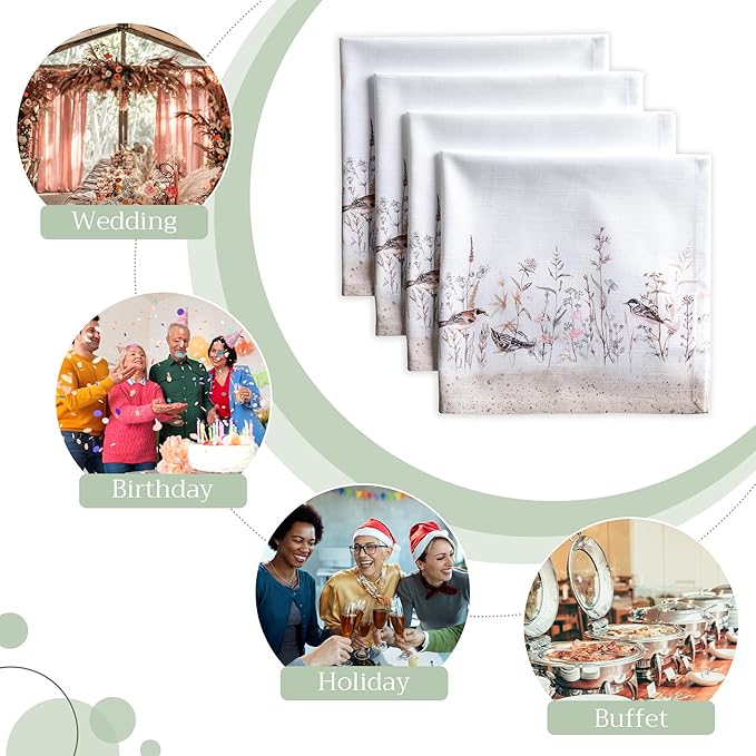 Maison d' Hermine Cloth Napkins Set of 4 100% Cotton Everyday Reusable Square Napkins Cloth Washable, Dinner, Party, Wedding, Restaurant, Spring/Summer (Meadow Florals - Brown, 20" x 20")