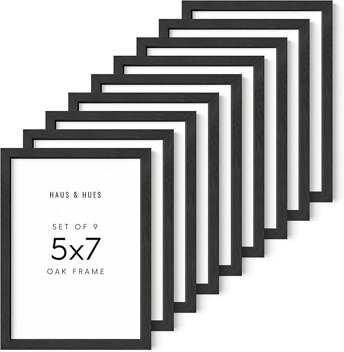 HAUS AND HUES Black 5x7 Picture Frame Set of 9-5x7 Photo Frame, 5x7 Frames for Pictures, 5 by 7 Picture Frame Wood, 5 x 7 Frame Decor, Wall Frames 5x7, Art 5x7 Frame Black (Black Oak Frame)