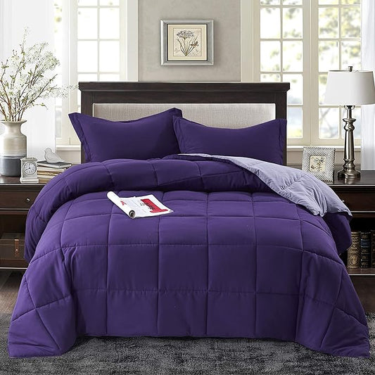 HIG 3pc Down Alternative Comforter Set - All Season Reversible Comforter with Two Shams - Quilted Duvet Insert with Corner Tabs - Box Stitched - Super Soft, Fluffy (King/Cal King, Purple)