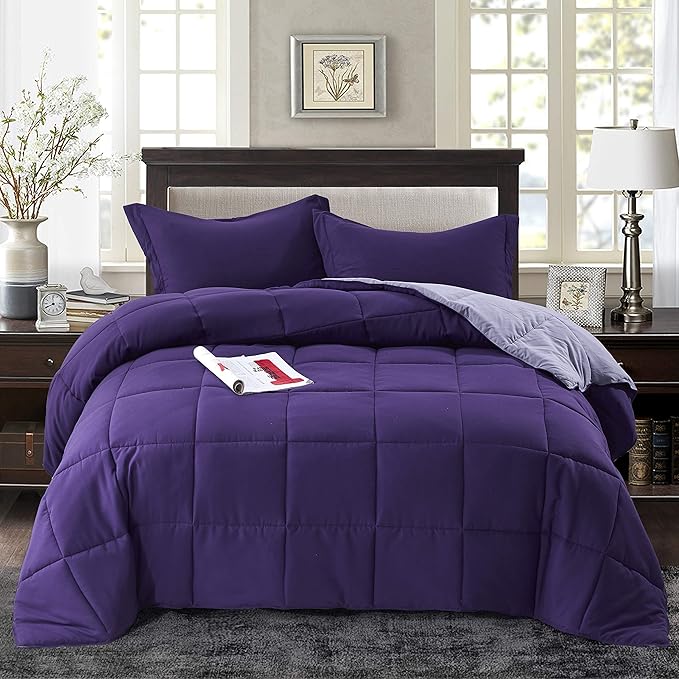 HIG 3pc Down Alternative Comforter Set - All Season Reversible Comforter with Sham - Quilted Duvet Insert with Corner Tabs - Box Stitched - Super Soft, Fluffy (Twin/Twin XL, Purple)