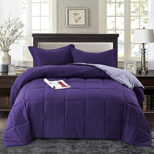 HIG 3pc Down Alternative Comforter Set - All Season Reversible Comforter with Sham - Quilted Duvet Insert with Corner Tabs - Box Stitched - Super Soft, Fluffy (Twin/Twin XL, Purple)