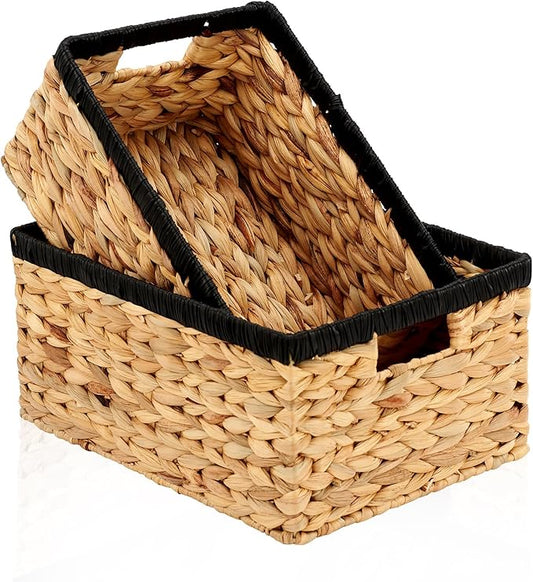 Wicker Baskets for Storage 2 Pack, Water Hyacinth Storage Baskets with Built-in Handles, Large Wicker Storage Baskets for Shelves & Organizing, Natural with Black, Size L & M