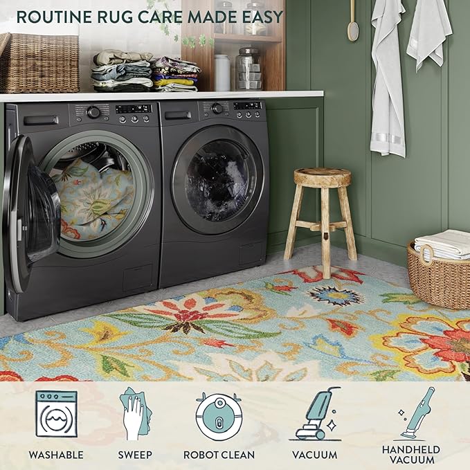 Lahome Machine Washable Floral Living Room Rug - 5x7 Area Rugs for Bedroom Non-Slip Large Low-Plie Soft Throw Nursery Kids Room Carpet Distressed Indoor Carpet for Dining Room Entryway Office