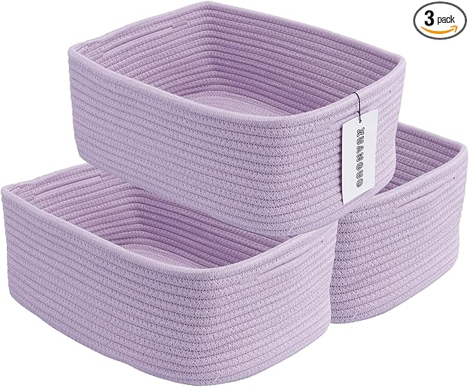 Small Woven Storage Baskets 13“X9”X5“ Decorative Rope Bins for Organizing Shelves, Closets, and Toys, Empty Gift Baskets, Cute Organizer Basket for Home and Office (purple, Large)