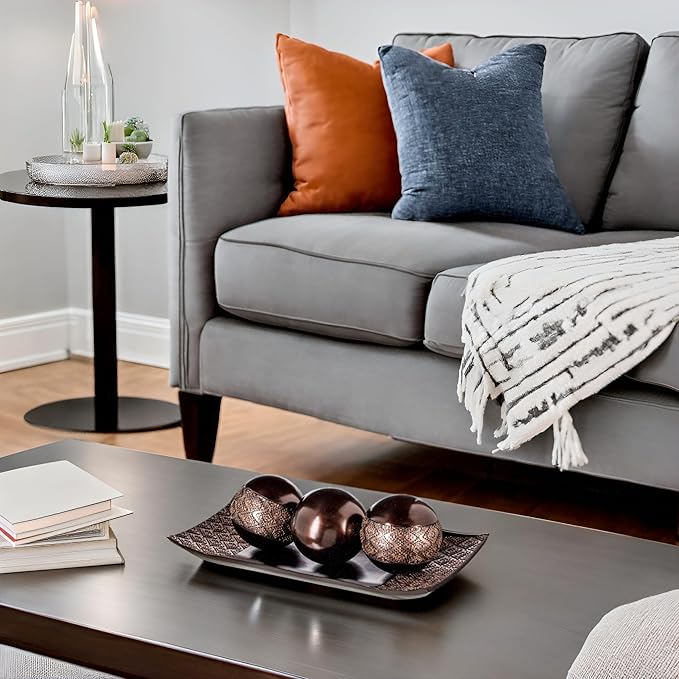 Creative Scents Dublin Brown Tray and Ball Set - Living Room, Entry Table Decor Centerpiece Table Decorations - Decorative Tray for Dining Room, Accent Decor Bowl for House Decoration