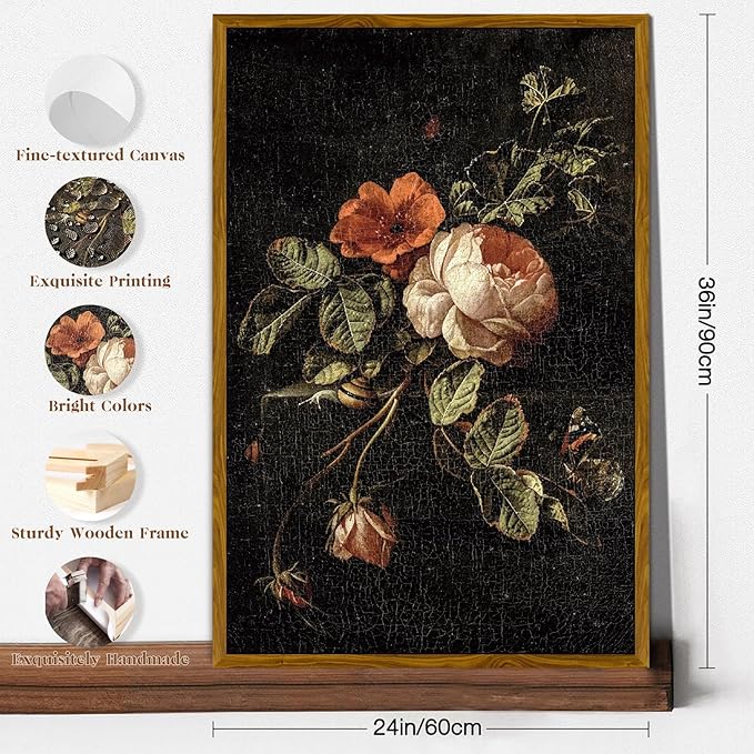 crmotu Large Framed Wall Art, Still Life Rose Canvas Prints, Botanical Floral Vintage Oil Paintings, Dark Academia Flower Pictures Wall Decor Living Room Bedroom Bathroom, Kitchen Decorations 24x36in