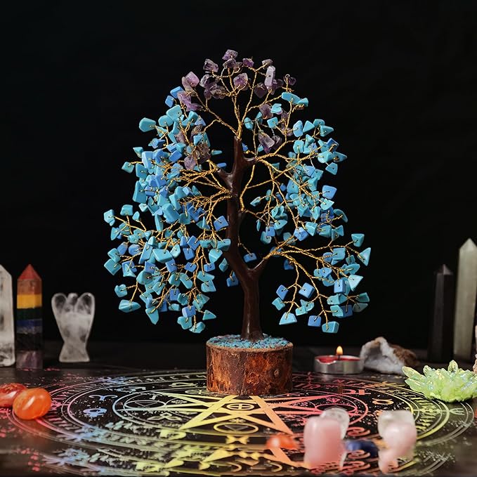 Turquoise & Amethyst Gemstone Tree with 2 Chakra Pendants, Crystal Tree, Birthday Gifts for Women, Fake Plants Home Decor, Crystals and Healing Stones, Office Desk Accessories, Room Decor 10-12"