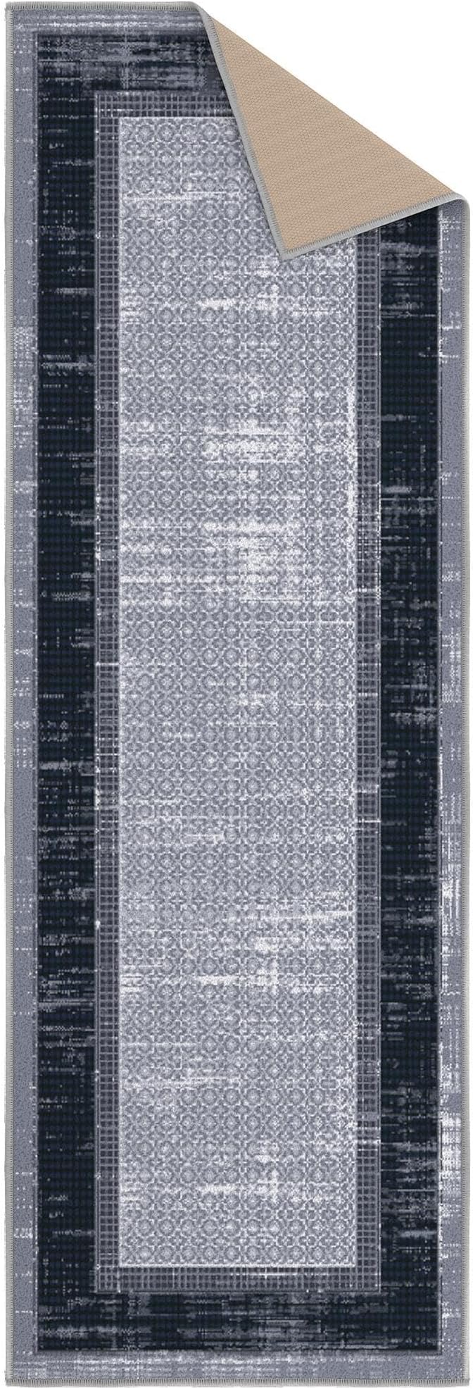 Ottomanson Hallway Runner Rug 20" x 59" Non Slip Border Area Rugs Easy to Clean Laundry Rug Runner Durable & Pet Friendly Floor Carpet Runners for Hallways Entryway Living Room Kitchen, Gray/Navy